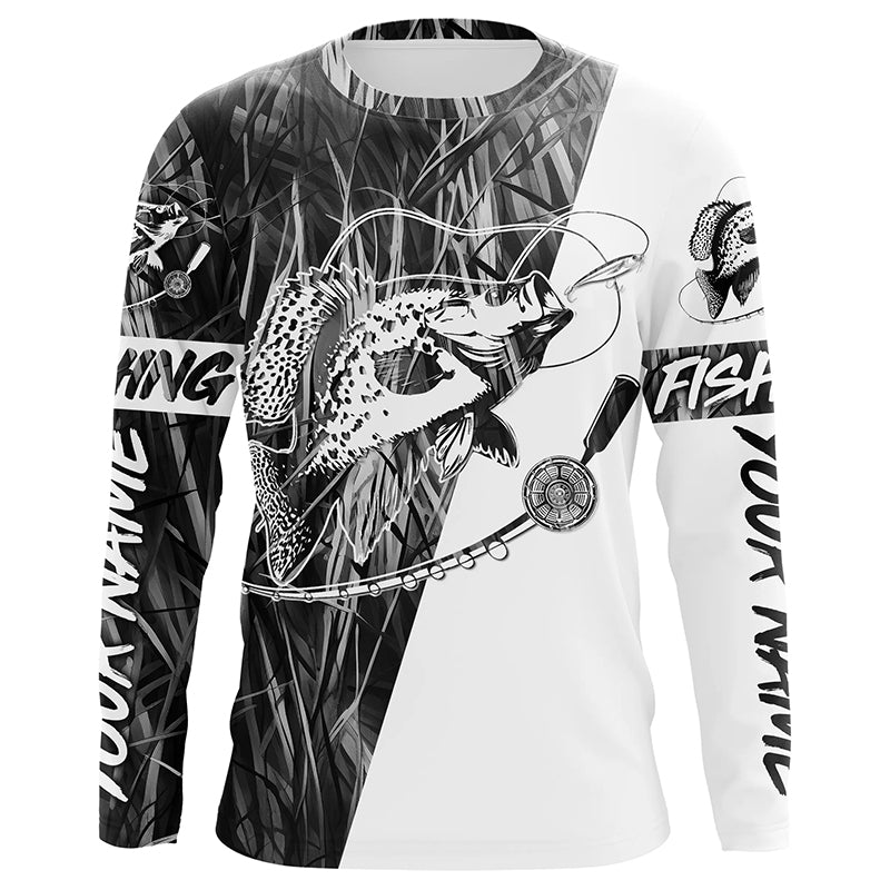 Custom Crappie Fishing Tattoo Long Sleeve Shirts, Gray Grass Camo Crappie Fishing Jerseys IPHW6346