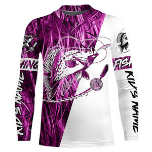 Custom Crappie Fishing Tattoo Long Sleeve Shirts, Pink Grass Camo Crappie Fishing Jerseys IPHW6348