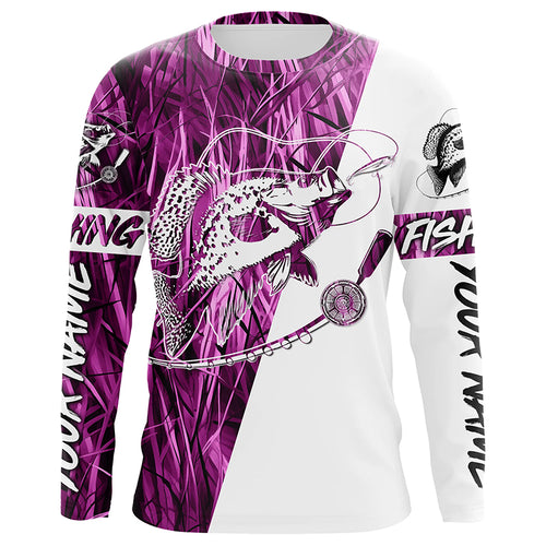 Custom Crappie Fishing Tattoo Long Sleeve Shirts, Pink Grass Camo Crappie Fishing Jerseys IPHW6348