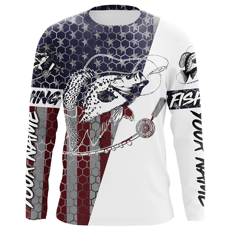 American Flag Crappie Custom Long Sleeve Fishing Shirts, Patriotic Crappie Fishing Jerseys IPHW6349