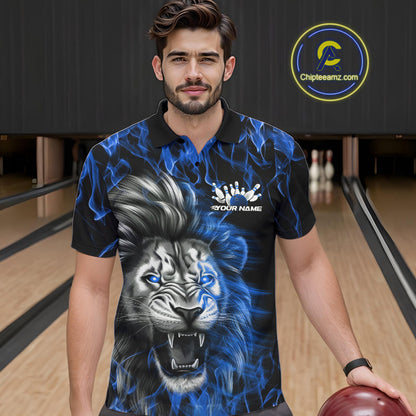 Custom Blue Flame Lion Bowling Polo Team Shirts For Men, Lion Bowling League Shirt IPHW9327