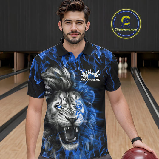 Custom Blue Flame Lion Bowling Polo Team Shirts For Men, Lion Bowling League Shirt IPHW9327