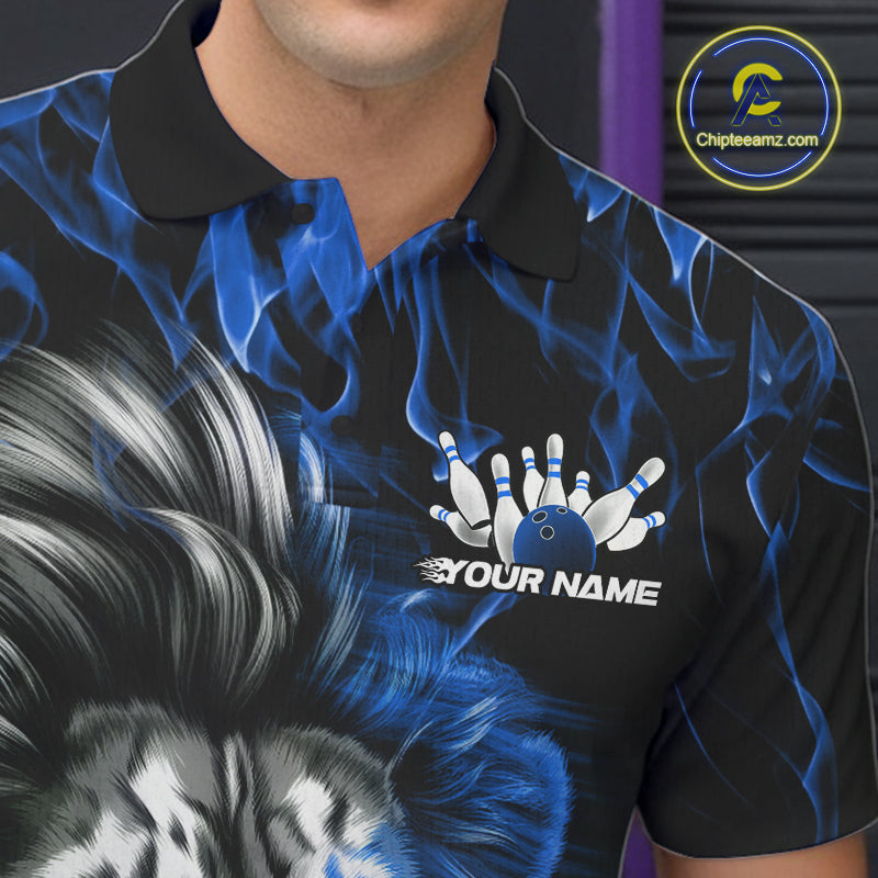 Custom Blue Flame Lion Bowling Polo Team Shirts For Men, Lion Bowling League Shirt IPHW9327