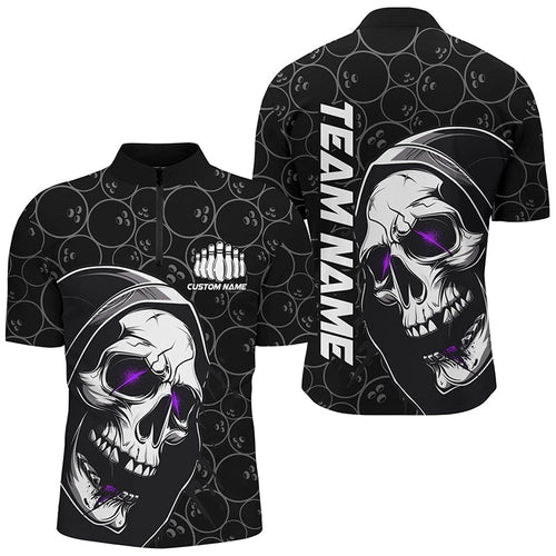 Custom Halloween Skull Bowling Shirts For Men, Personalized Bowling League Shirts | Purple IPHW7079