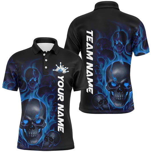 Blue Smoke Flame Custom Skull Bowling Shirts For Men, Bowling Team Uniform Halloween Outfit IPHW7392