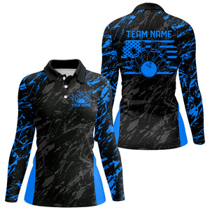 Black And Blue Camo Custom Patriotic Ladies Bowling Shirts, American Flag US Bowling Shirt IPHW7914