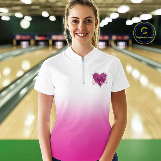 Custom Pink Butterflies Heart Bowling Women Quarter-Zip Shirts, Bowling League Shirt IPHW10235