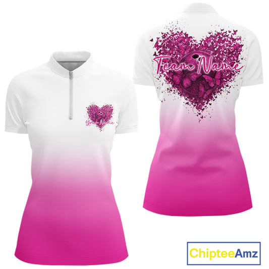 Custom Pink Butterflies Heart Bowling Women Quarter-Zip Shirts, Bowling League Shirt IPHW10235