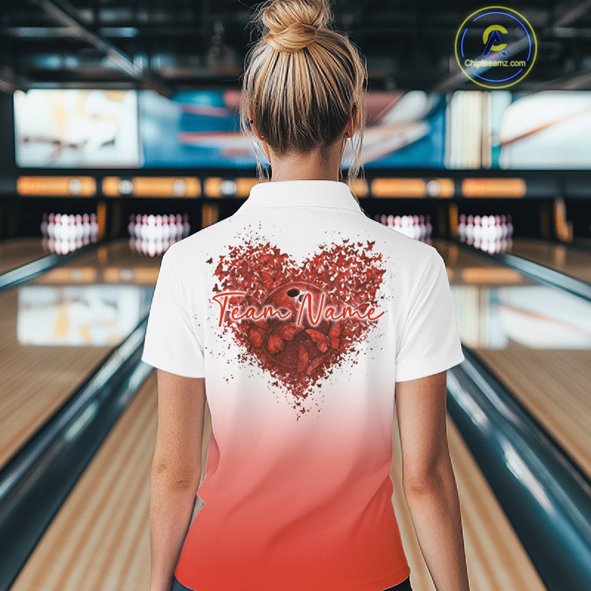 Custom Red Butterflies Heart Bowling Team Women Polo Shirts, Ladies Bowling League Shirt IPHW10237