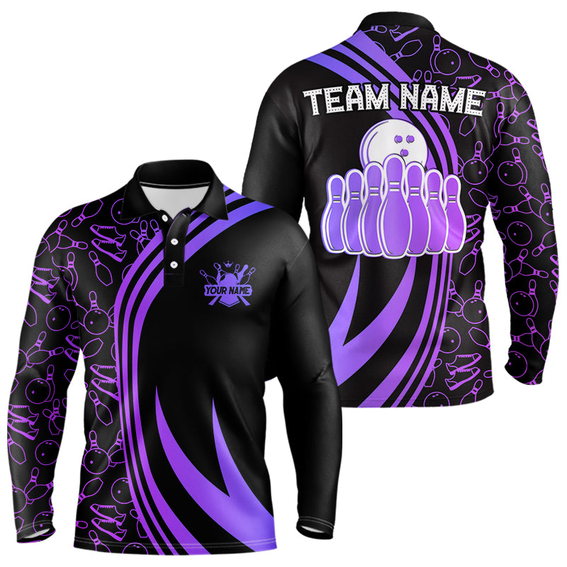 Black Mens bowling shirts Custom Purple neon team league bowling jerseys, gifts for bowlers NQS9667