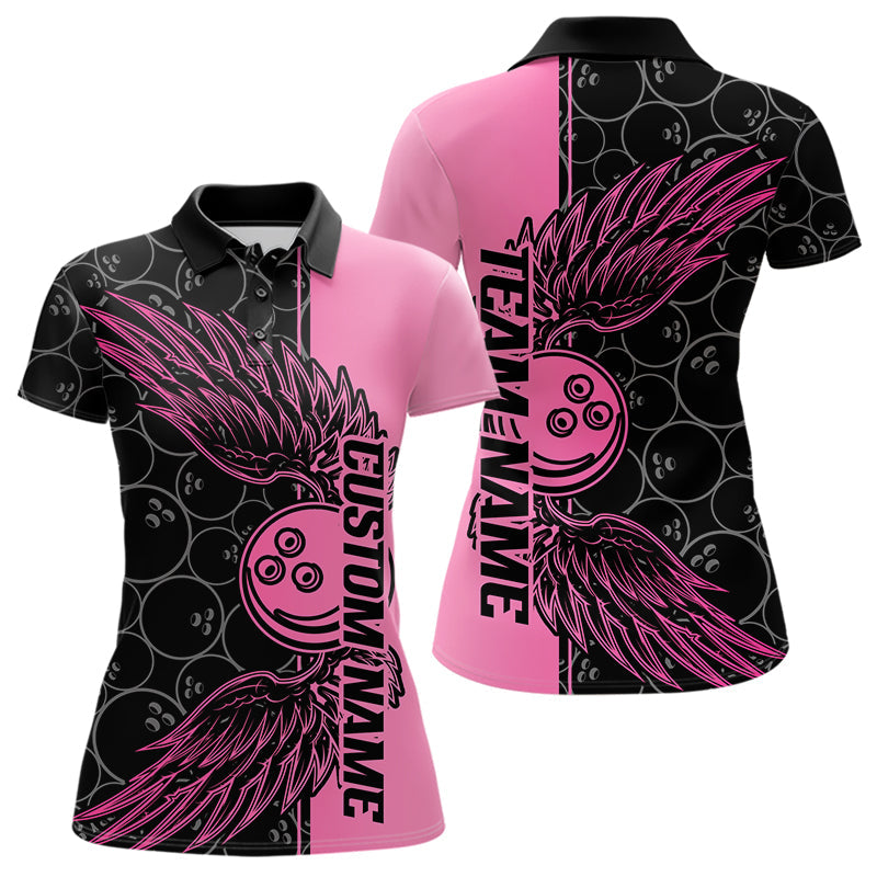 Black And Pink Custom Bowling Tournament Women Polo Shirts, Bowling Ball And Wings Jerseys IPHW8848