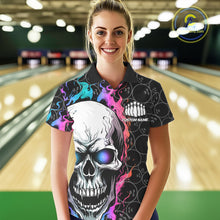 Load image into Gallery viewer, Custom Blue And Pink Flame Skull Bowling Women Polo Shirts, Bowling Team League Shirt IPHW8853