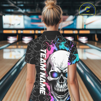 Custom Blue And Pink Flame Skull Bowling Women Polo Shirts, Bowling Team League Shirt IPHW8853