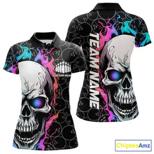 Load image into Gallery viewer, Custom Blue And Pink Flame Skull Bowling Women Polo Shirts, Bowling Team League Shirt IPHW8853