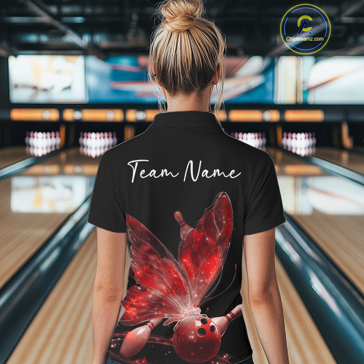 Custom Red Galaxy Butterfly Bowling Women Polo Shirts, Ladies Bowling Team Outfit IPHW10943
