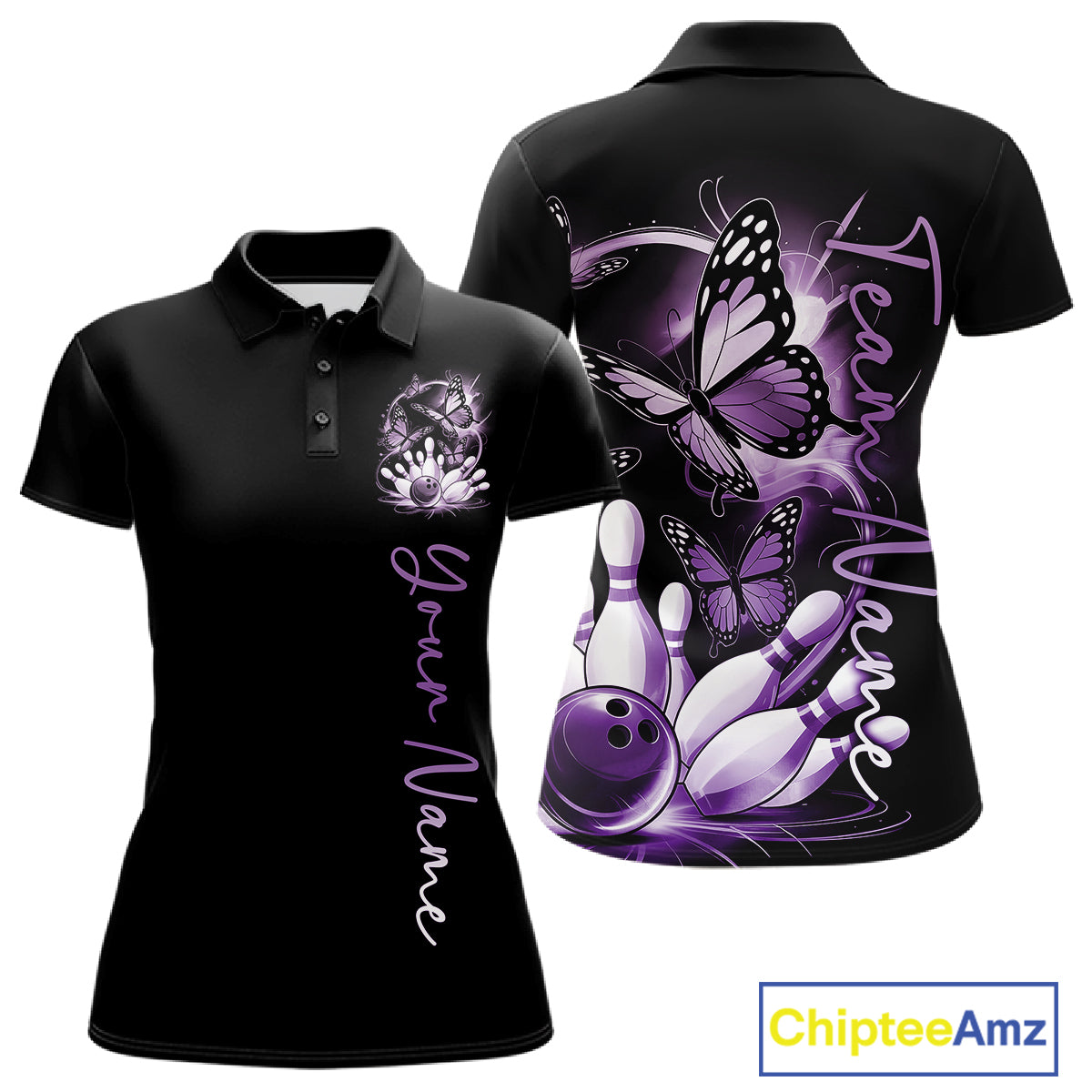 Custom Blue Butterfly Bowling Women Polo Shirts With Team Name, Bowling Uniform IPHW10947