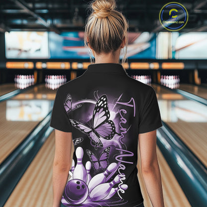 Custom Blue Butterfly Bowling Women Polo Shirts With Team Name, Bowling Uniform IPHW10947