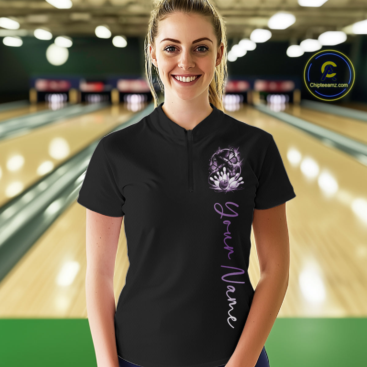 Custom Blue Butterfly Bowling Women Quarter-Zip Shirts With Team Name, Bowling Uniform IPHW10947