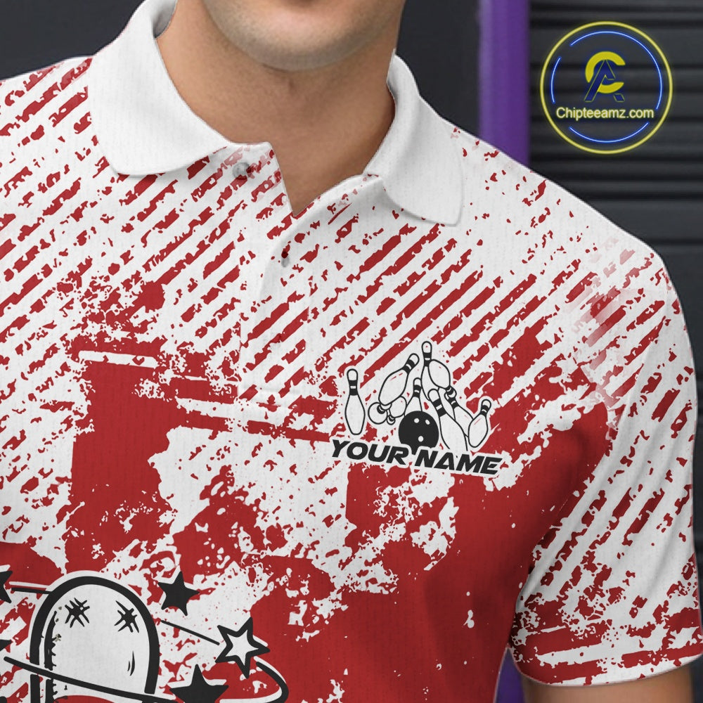 Close-up view of left chest area of a red and white polo shirt, showing small detailed drunk bowling pin graphic with beer bottle and bowling ball.