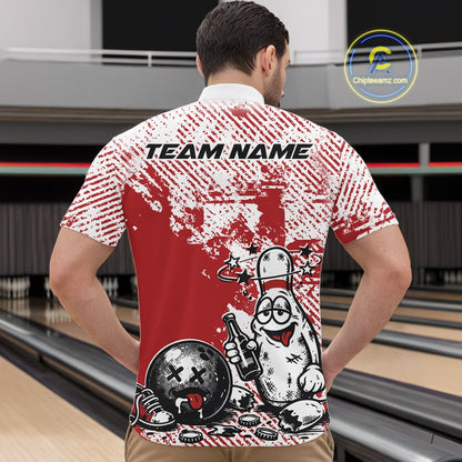Male model at a bowling lane wearing a red and white quarter-zip shirt, humorous drunk bowling pin illustration holding beer and bowling ball.