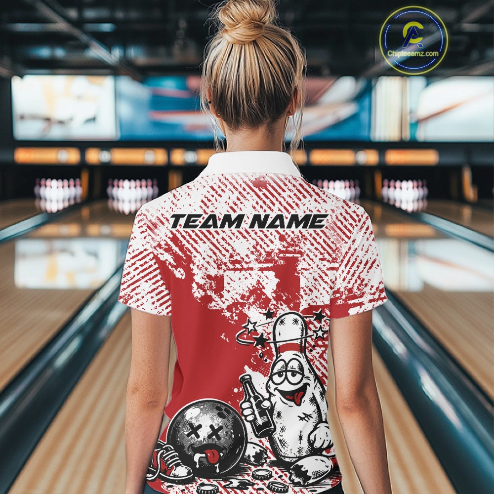 Back view female model in red and white quarter zip bowling shirt inside bowling lane, humorous bowling pin holding beer bottle graphic