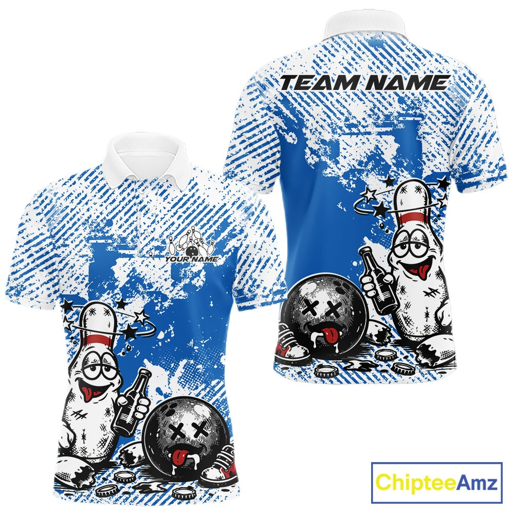 Front and back view of a men’s polo shirt mockup in blue and white, featuring drunk cartoon bowling pin holding beer bottle and bowling ball with grunge background.