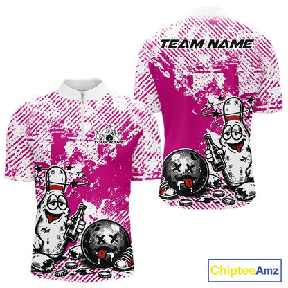 Front and back view of a men’s quarter-zip bowling shirt mockup in pink and white, featuring humorous drunk bowling pin holding beer and bowling ball.