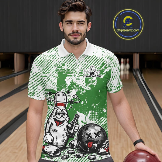 Male model in a bowling lane wearing a green and white polo shirt, humorous drunk bowling pin artwork holding beer bottle and bowling ball.