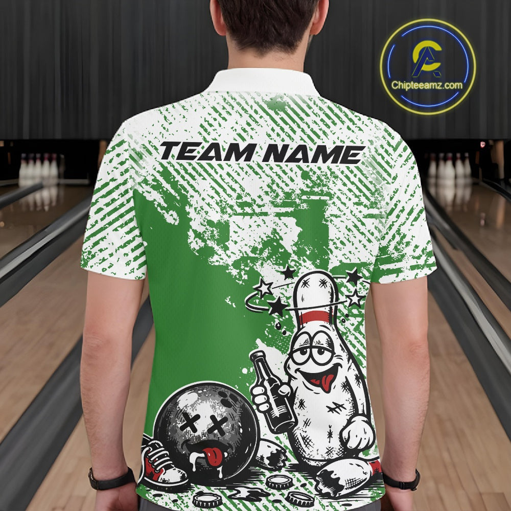 Back view of a male bowler wearing a green and white polo shirt, grunge-textured drunk bowling pin illustration with beer bottle and bowling ball.