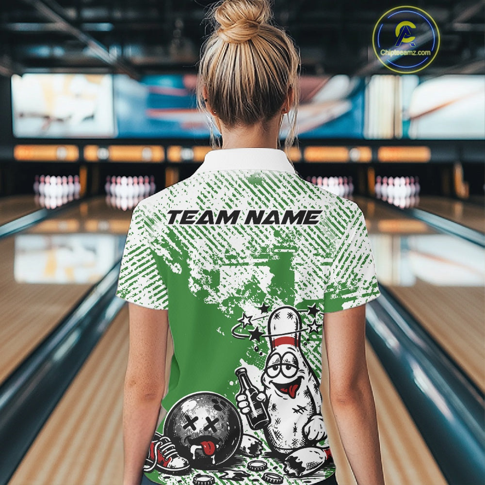 Back view female model in green and white quarter zip bowling shirt, bowling lane setting, humorous bowling pin with beer bottle illustration