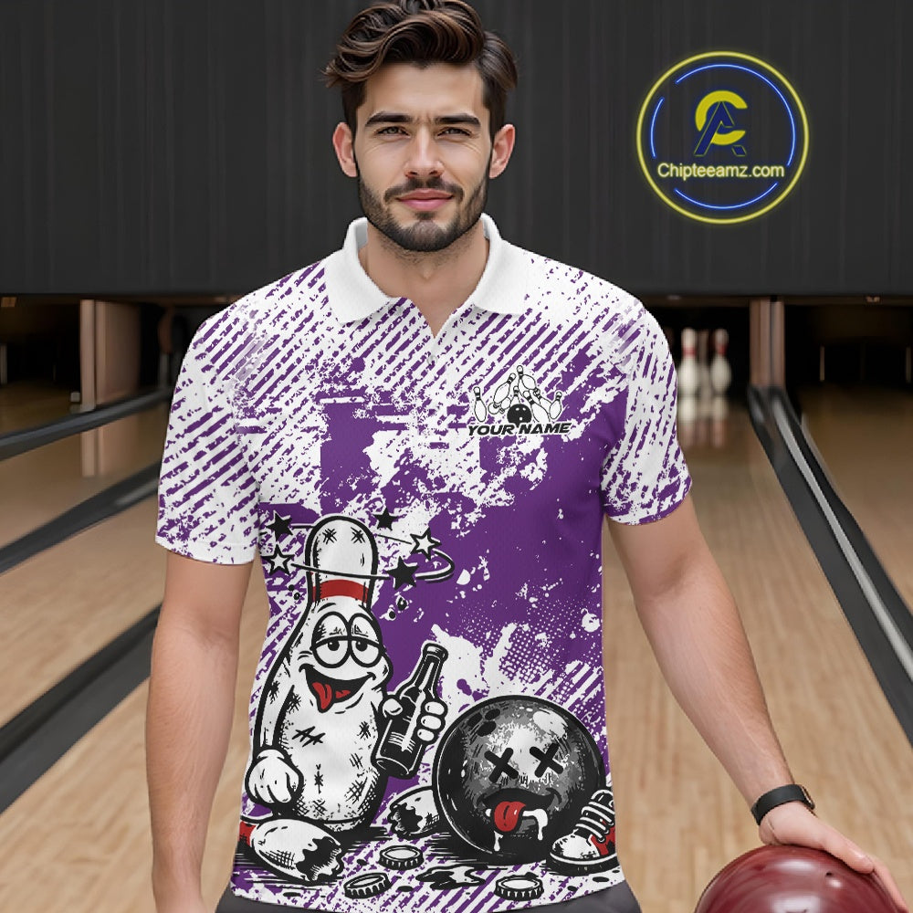 Male model in a bowling lane wearing a purple and white polo shirt, humorous drunk bowling pin illustration holding beer bottle and bowling ball.