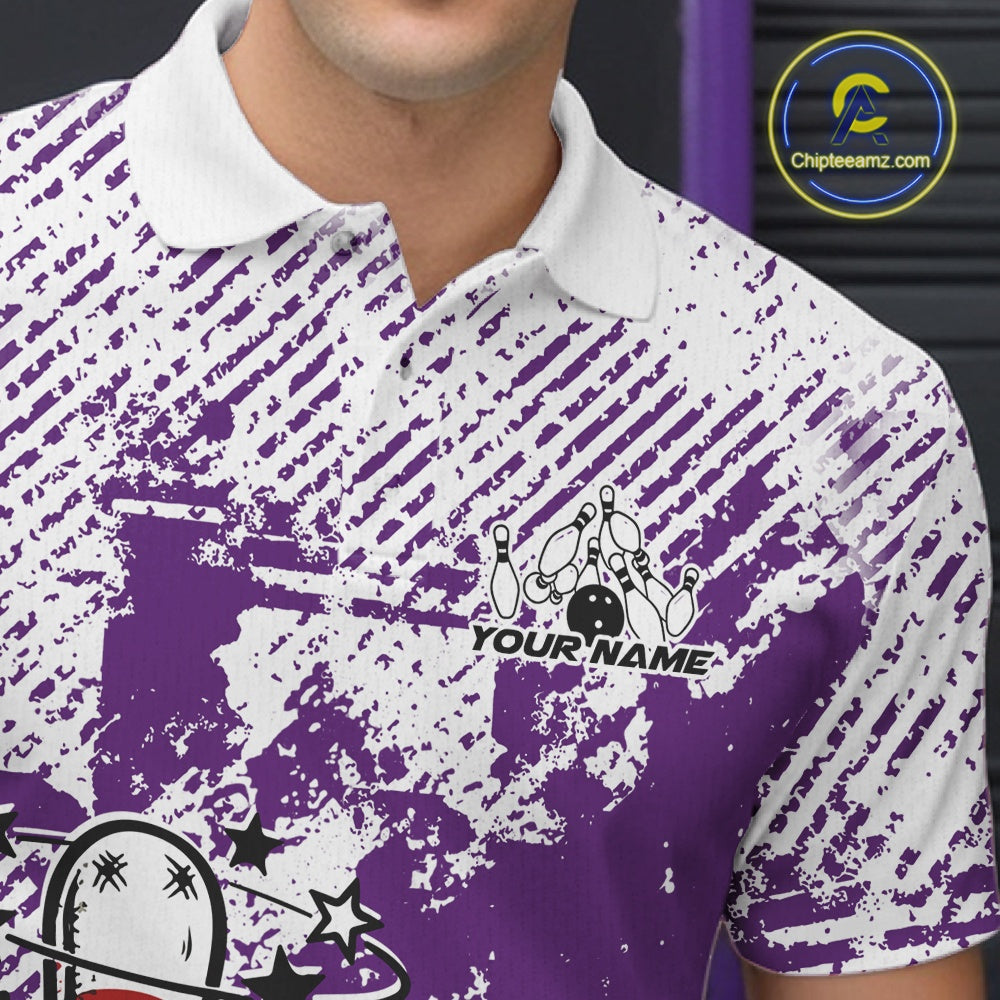 Close-up view of left chest area of a purple and white polo shirt, showing small-scale drunk bowling pin graphic holding beer bottle and bowling ball detail.