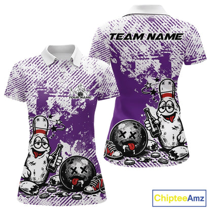 Front and back view of a women’s polo shirt mockup in purple and white, featuring funny drunk cartoon bowling pin holding a beer bottle and bowling ball with grunge texture.