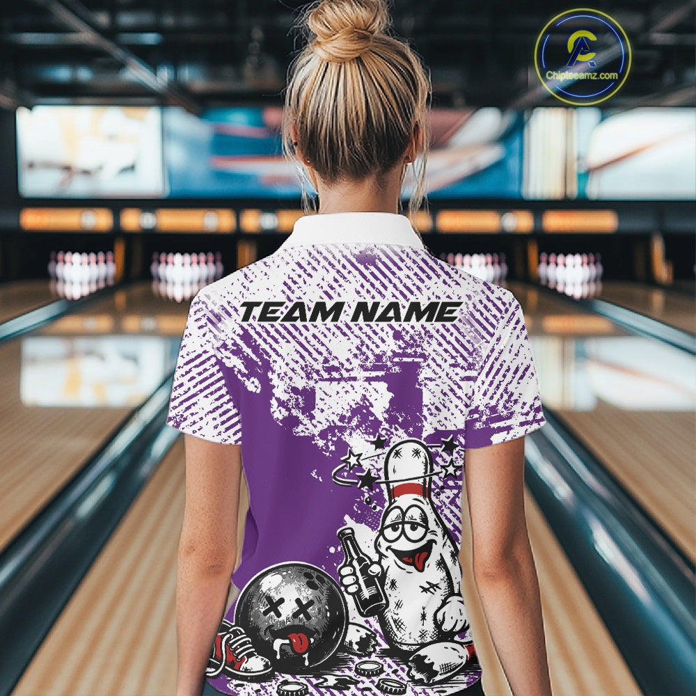 Back view female model in purple and white quarter zip bowling shirt inside bowling lane, cartoon bowling pin with beer bottle and ball illustration