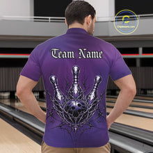 Load image into Gallery viewer, Man wearing a purple bowling shirt with a design on the back in a bowling alley.