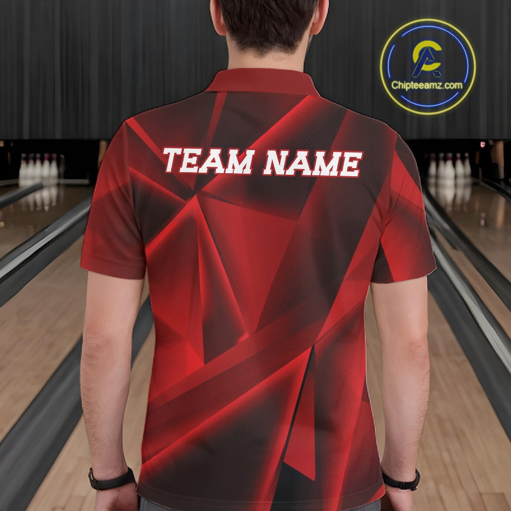 Person wearing a red and black bowling shirt with 'TEAM NAME' on the back, standing in a bowling alley.