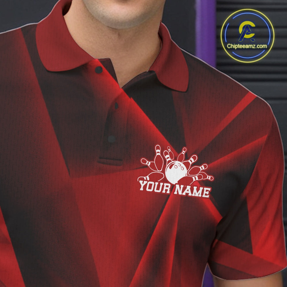 Red and black polo shirt with bowling design and 'Your Name' text on a blurred background