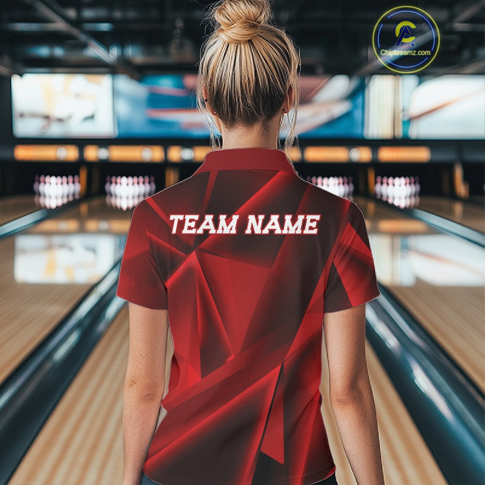 Person wearing a red bowling shirt with 'TEAM NAME' on the back in a bowling alley.