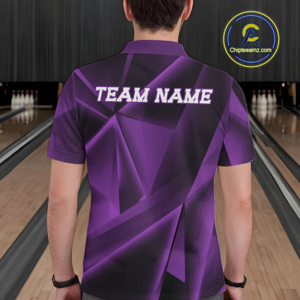 Person wearing a purple bowling shirt with 'TEAM NAME' on the back in a bowling alley.