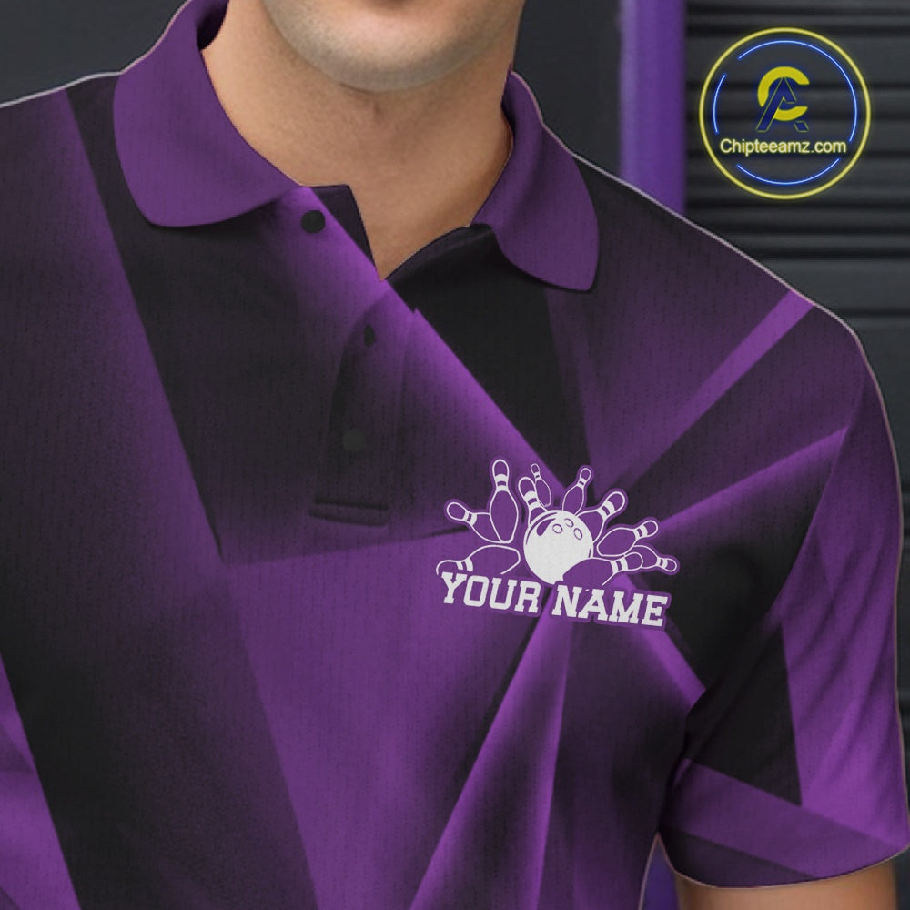 Purple and black polo shirt with a bowling design and 'Your Name' text on a gray background.
