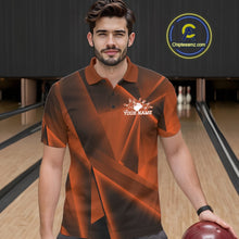 Load image into Gallery viewer, Man in a bowling alley wearing a custom polo shirt with a logo and text.