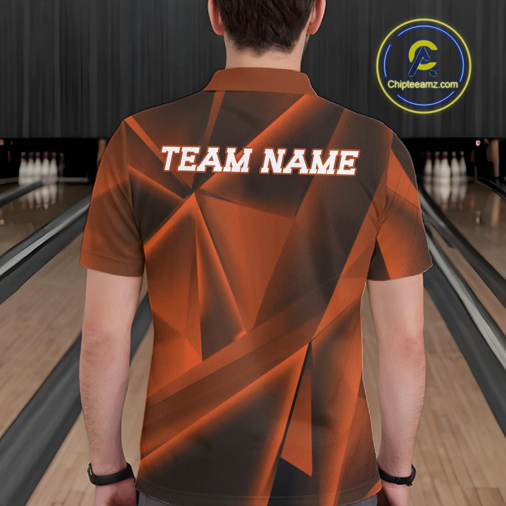 Person wearing a custom bowling shirt with 'TEAM NAME' on the back in a bowling alley.