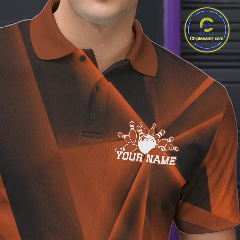 Brown and black polo shirt with bowling design and 'Your Name' text, brand logo visible.