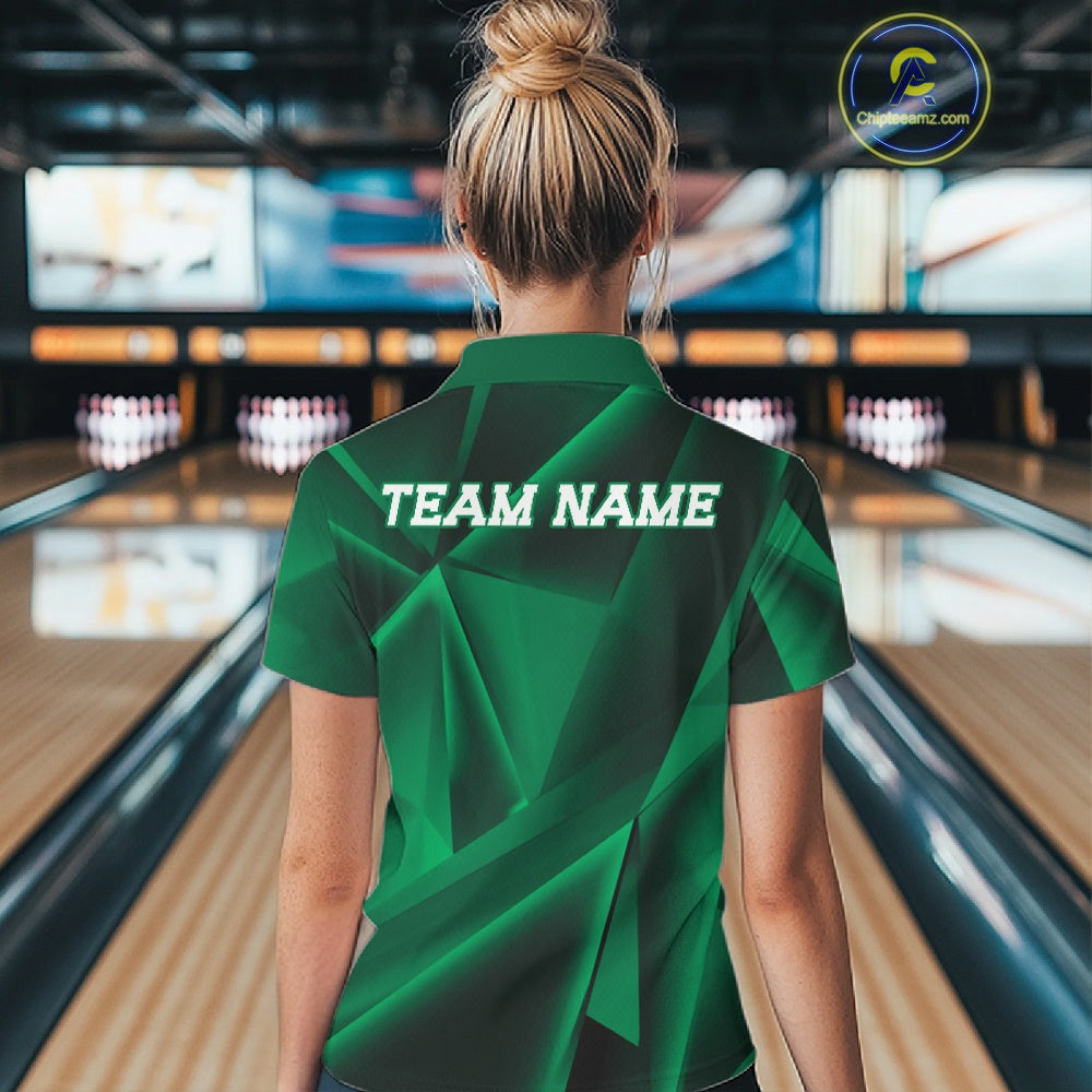 Person wearing a green bowling shirt with 'TEAM NAME' on the back in a bowling alley.