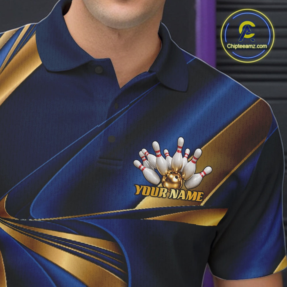 Custom Blue And Gold Men Polo Bowling Team Shirt, Bowling League Shirt IPHW11612