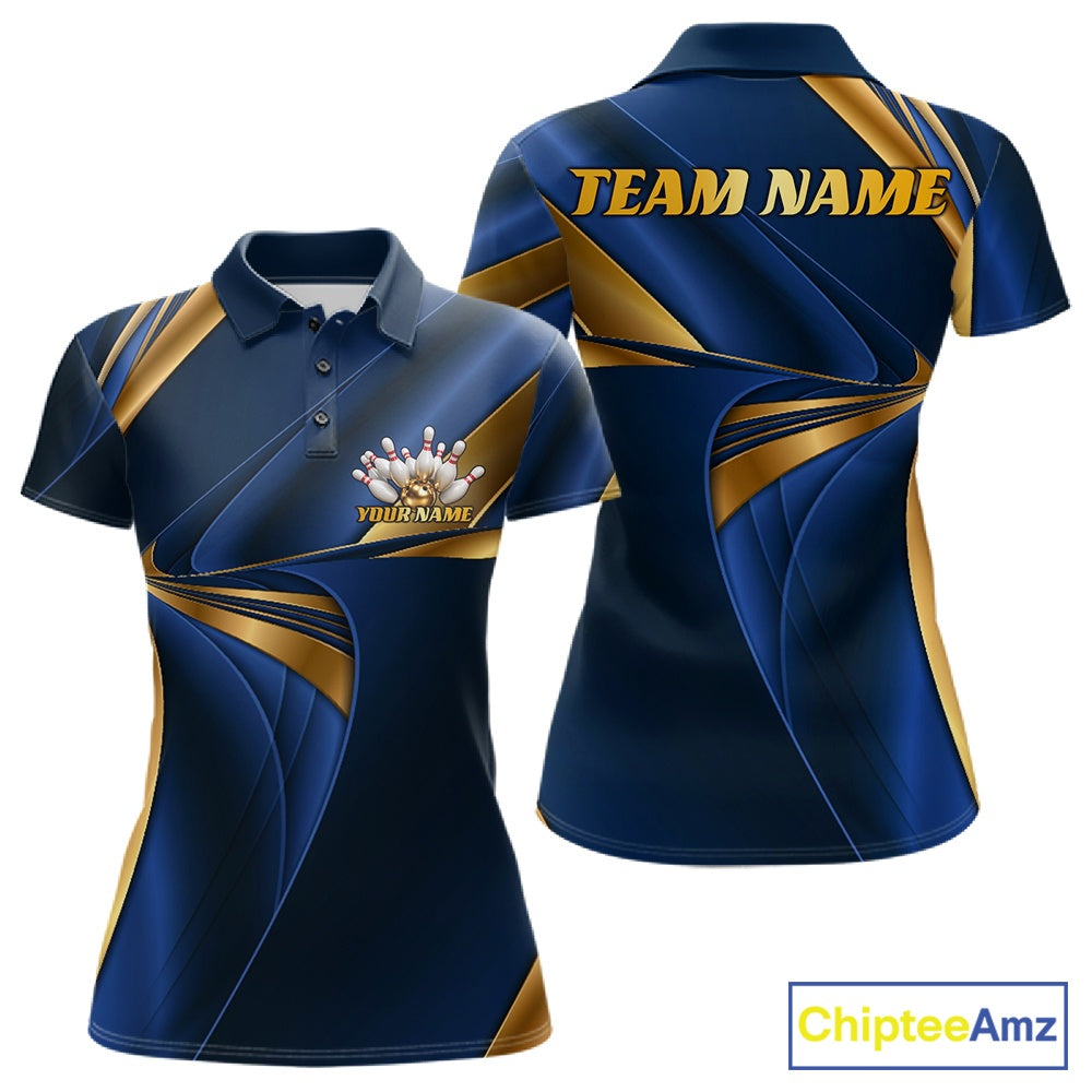 Custom Blue And Gold Women Polo Bowling Team Shirt, Bowling League Shirt IPHW11612
