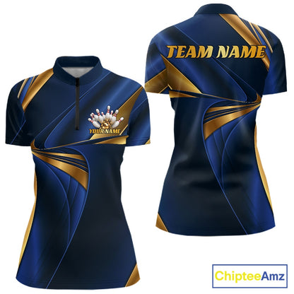Custom Blue And Gold Women Quarter-Zip Bowling Team Shirt, Bowling League Shirt IPHW11612