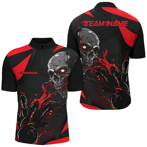 Custom Black And Red Flame Bowling Shirts For Men, Halloween Skull Bowling Shirts Outfits IPHW7088