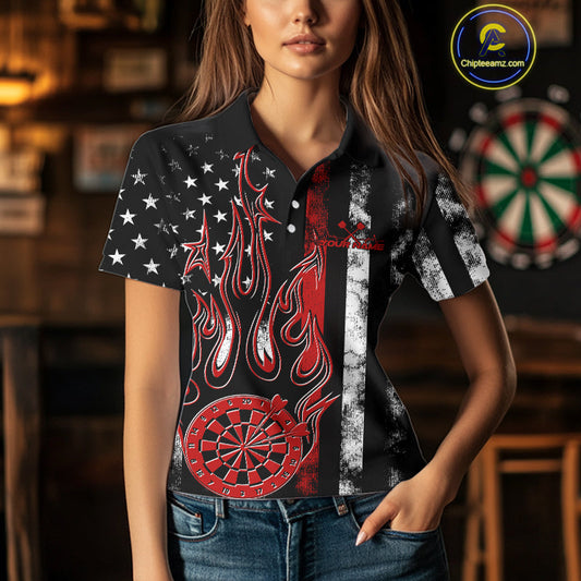 Custom Red Thin Line US Flag Patriotic Flame Dartboard Dart Women Polo Shirt, Dart Jersey IPHW9639
