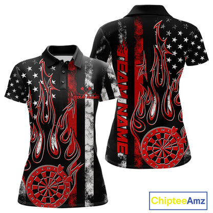 Custom Red Thin Line US Flag Patriotic Flame Dartboard Dart Women Polo Shirt, Dart Jersey IPHW9639